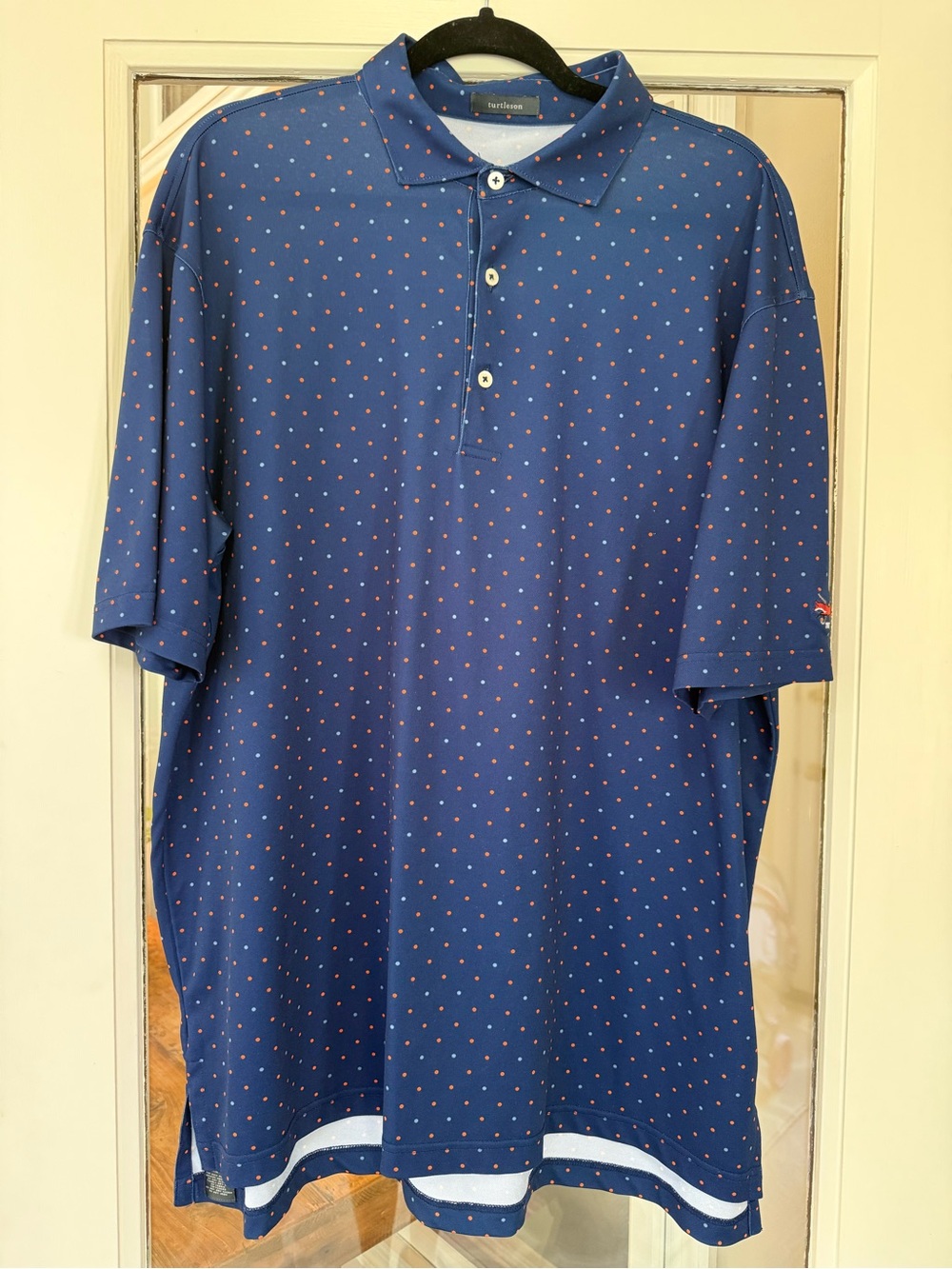 Turtleson Blue Polo with Small Orange Poka Dot Print XL. GREAT condition.